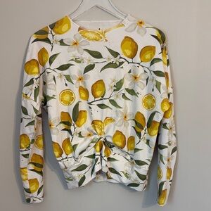 ALEEZA Paris Lemon Print Twist-Hem Long Sleeve Top Size Small